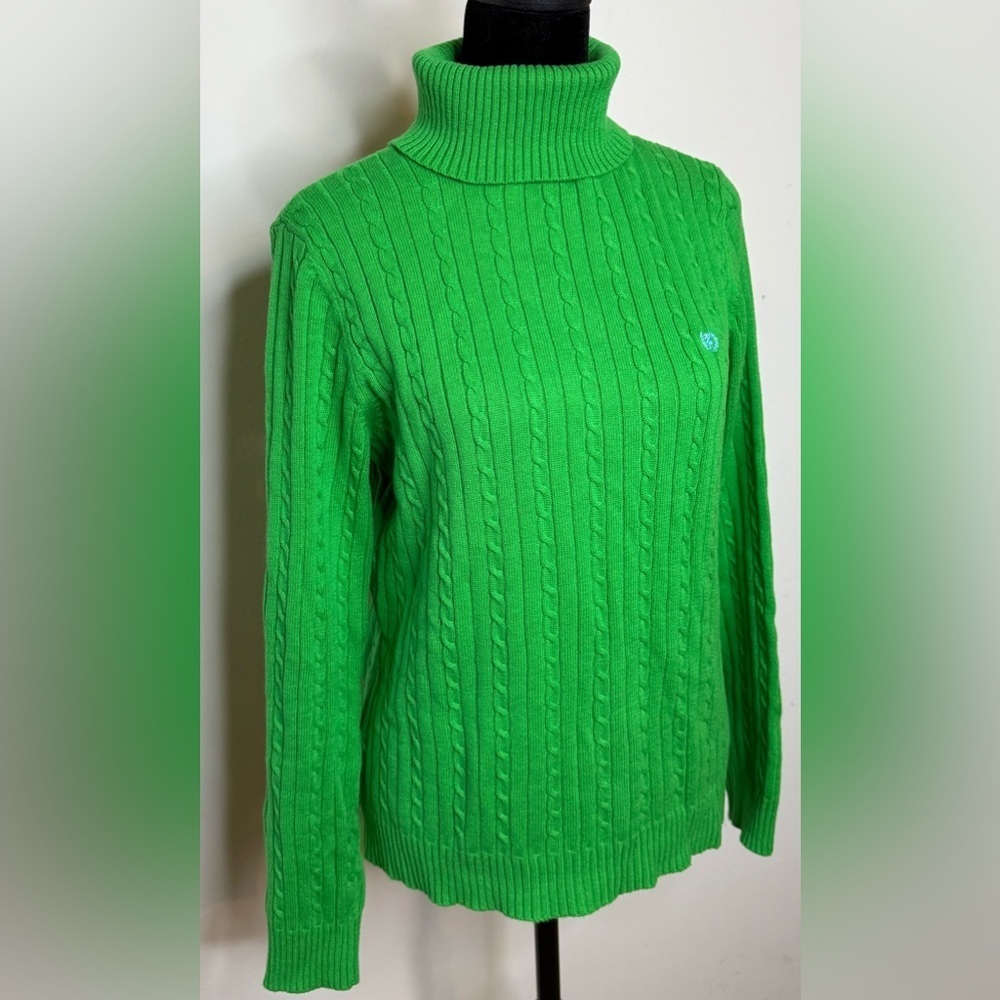 Izod preppy green cable knit turtleneck 100% cotton logo sweater petite large EC - Picture 2 of 8